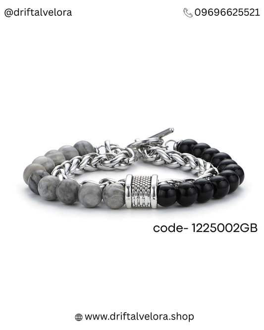 Beaded Stainless Steel Link Chain Bracelet Unisex Aether & Onyx: Dual-Strand Stainless Steel & Natural Stone Bracelet|122502