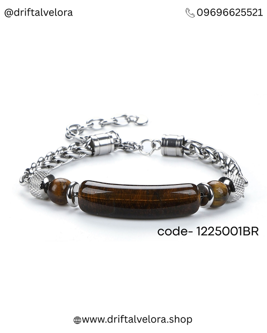 Premium Stainless Steel Chain Bracelet with Natural Tiger Eye Gem Stone 1225001BR | 1225001BK