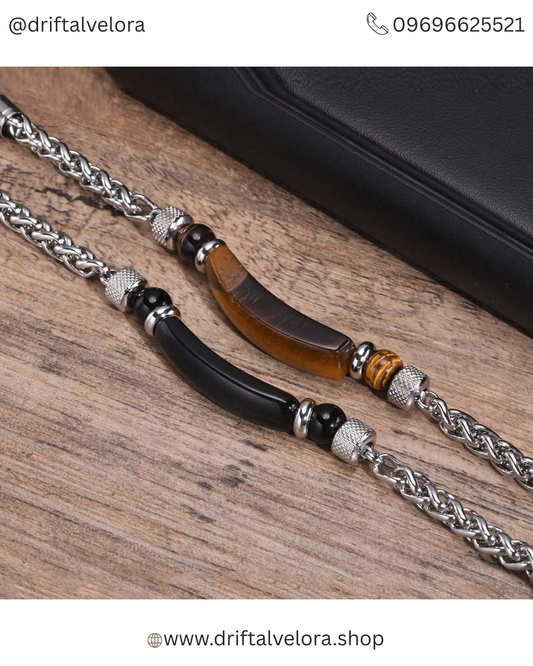 Premium Stainless Steel Chain Bracelet with Natural Tiger Eye Gem Stone 1225001BR | 1225001BK