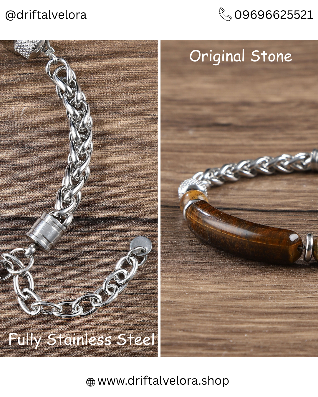 Premium Stainless Steel Chain Bracelet with Natural Tiger Eye Gem Stone 1225001BR | 1225001BK