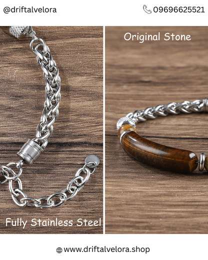 Premium Stainless Steel Chain Bracelet with Natural Tiger Eye Gem Stone 1225001BR | 1225001BK