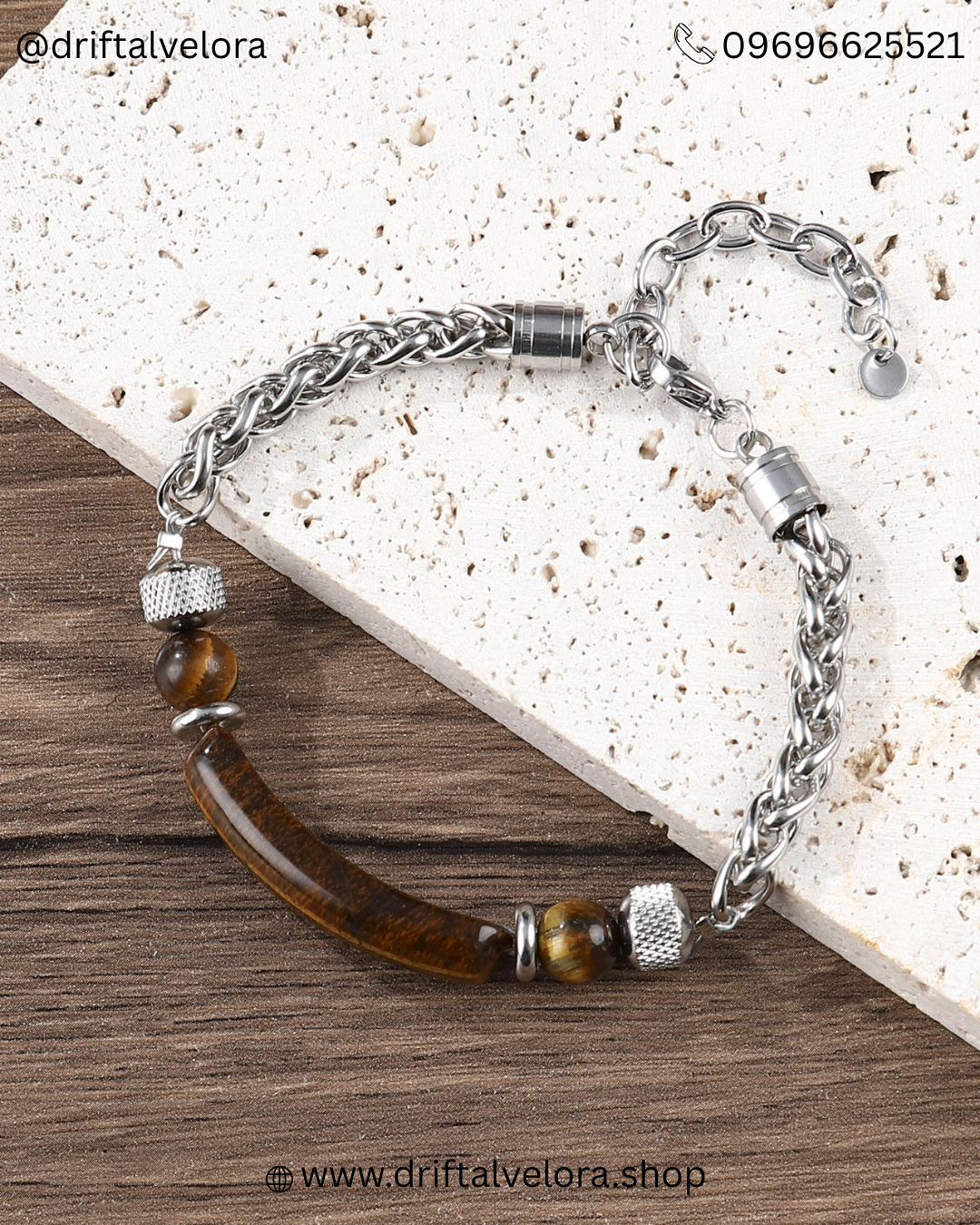 Premium Stainless Steel Chain Bracelet with Natural Tiger Eye Gem Stone 1225001BR | 1225001BK