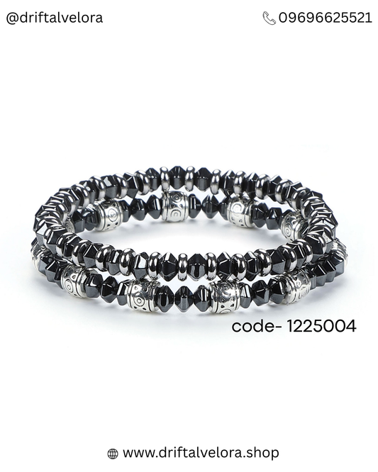 Natural Hematite Stone Bracelet with Vintage Silver Accents|122504