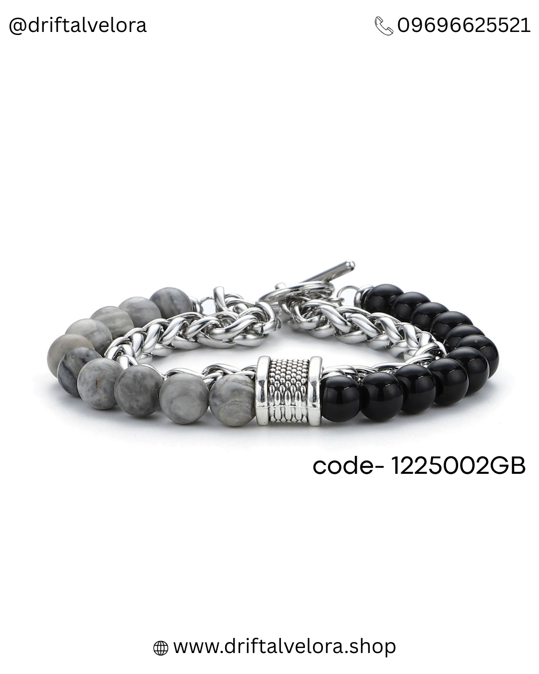 Beaded Stainless Steel Link Chain Bracelet Unisex Aether & Onyx: Dual-Strand Stainless Steel & Natural Stone Bracelet|122502