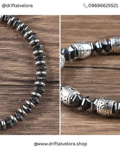 Natural Hematite Stone Bracelet with Vintage Silver Accents|122504
