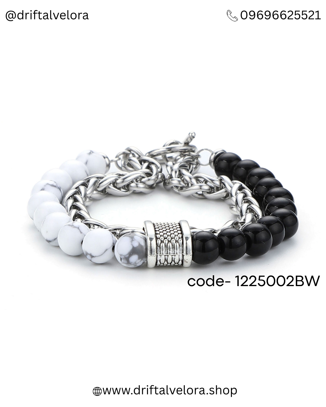 Beaded Stainless Steel Link Chain Bracelet Unisex Aether & Onyx: Dual-Strand Stainless Steel & Natural Stone Bracelet|122502