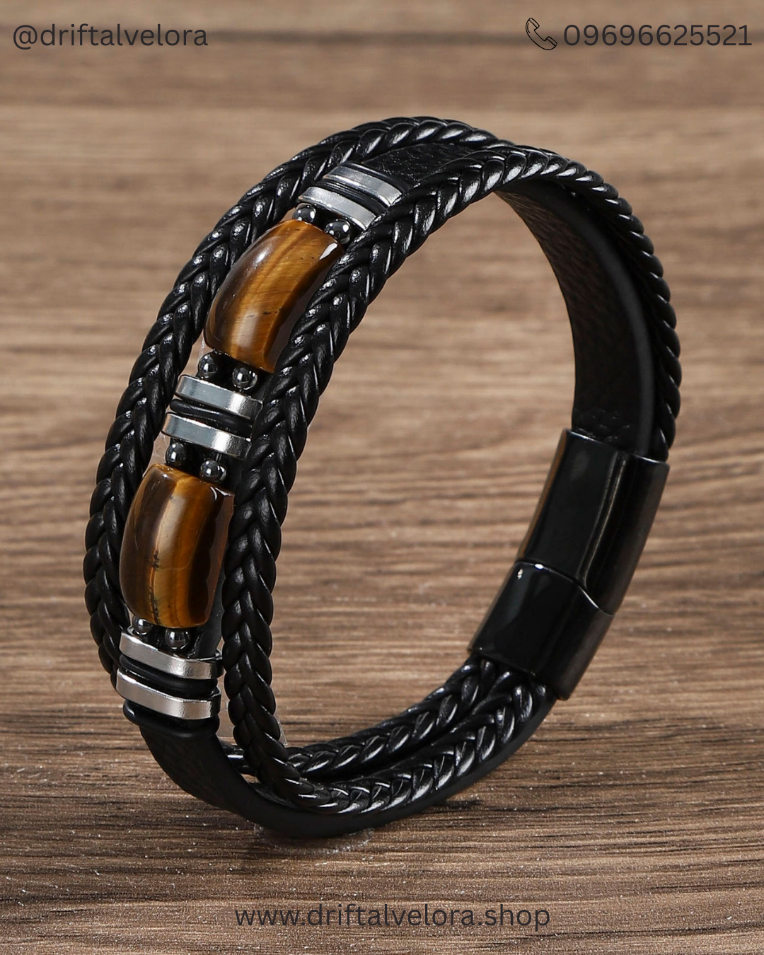 Men’s Triple -Layer Leather Bracelet with Tiger Eye Stones (1225007)