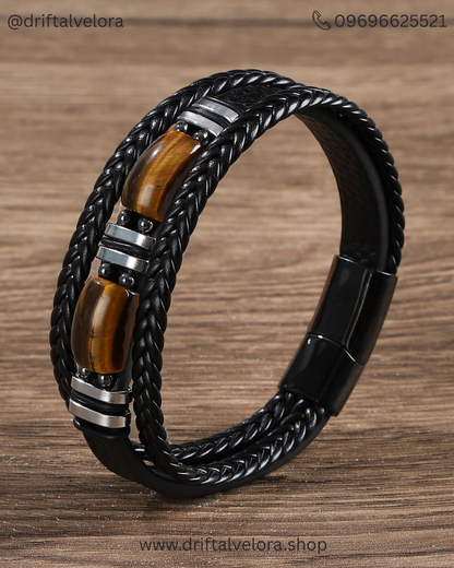 Men’s Triple -Layer Leather Bracelet with Tiger Eye Stones (1225007)