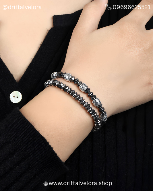 Natural Hematite Stone Bracelet with Vintage Silver Accents|122504