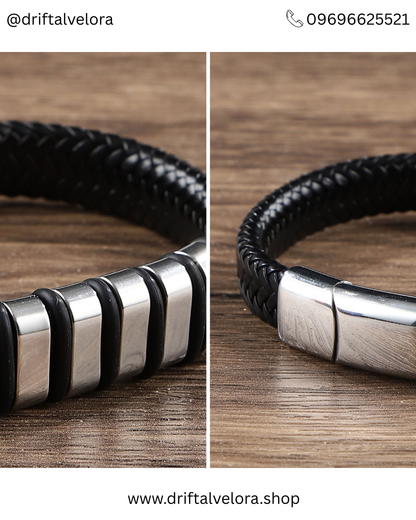 Men’s Premium Black Leather Bracelet with Stainless Steel Warp and Magnetic Clasp (1225008)