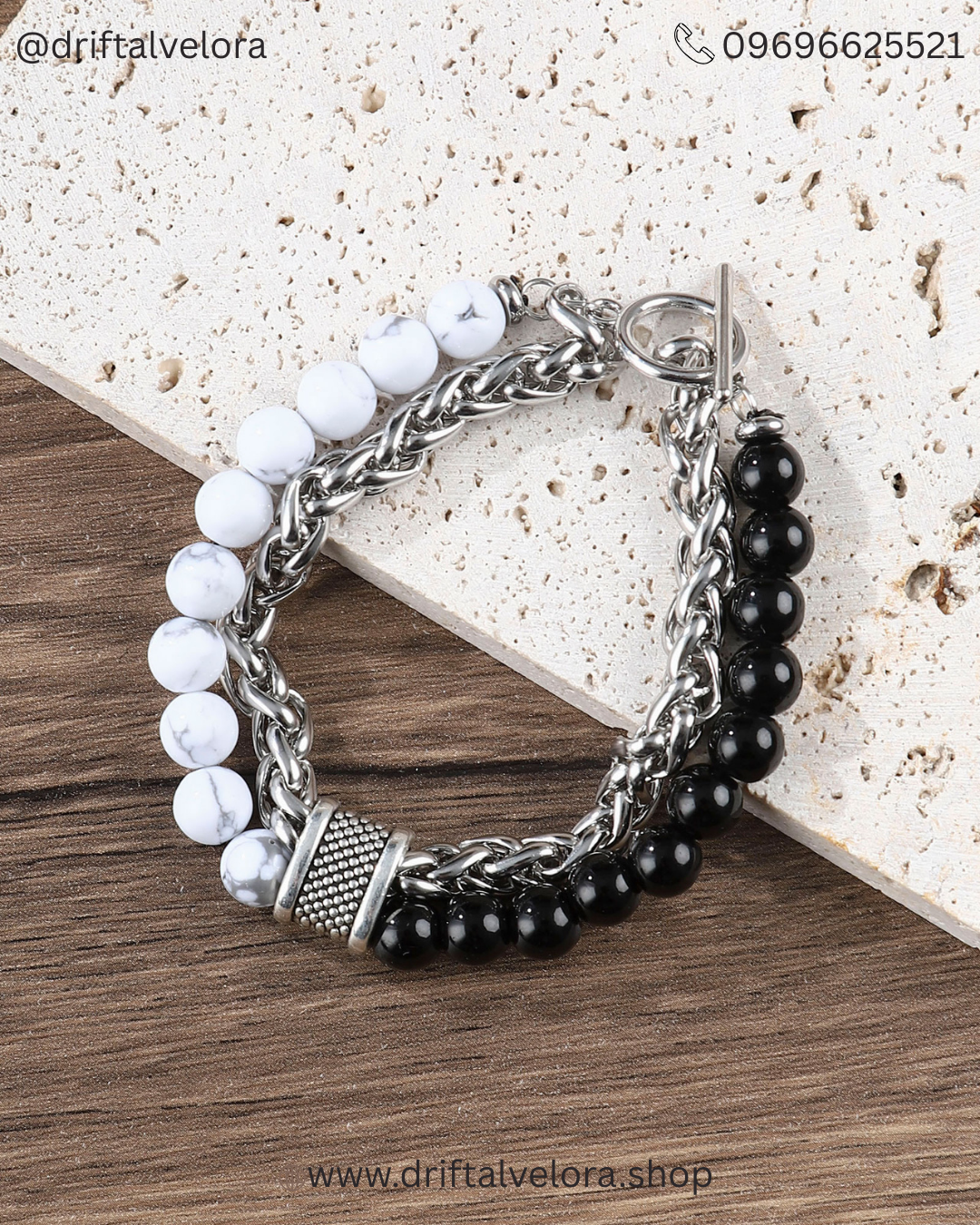 Beaded Stainless Steel Link Chain Bracelet Unisex Aether & Onyx: Dual-Strand Stainless Steel & Natural Stone Bracelet|122502