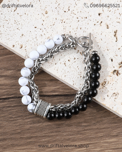 Beaded Stainless Steel Link Chain Bracelet Unisex Aether & Onyx: Dual-Strand Stainless Steel & Natural Stone Bracelet|122502