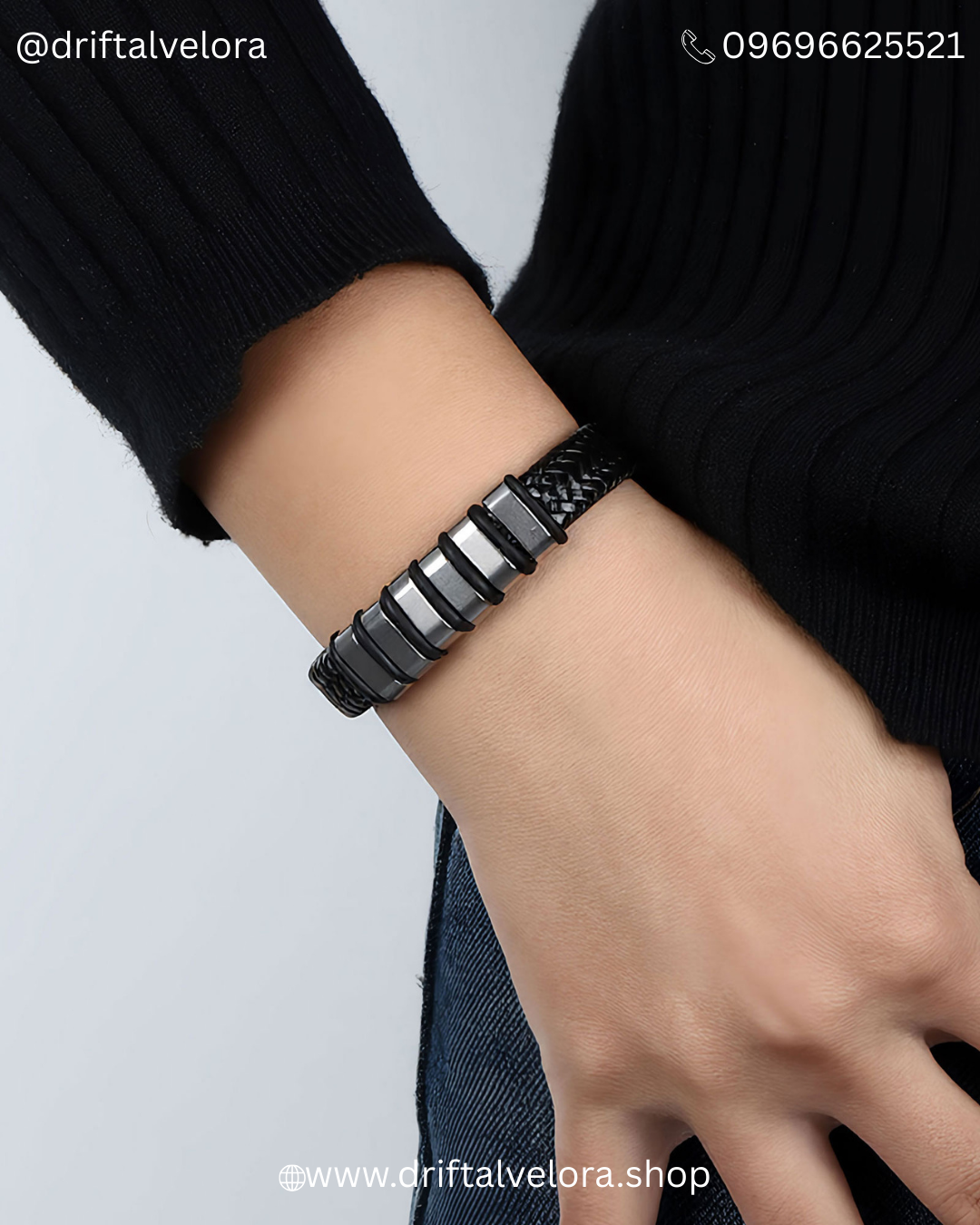 Men’s Premium Black Leather Bracelet with Stainless Steel Warp and Magnetic Clasp (1225008)