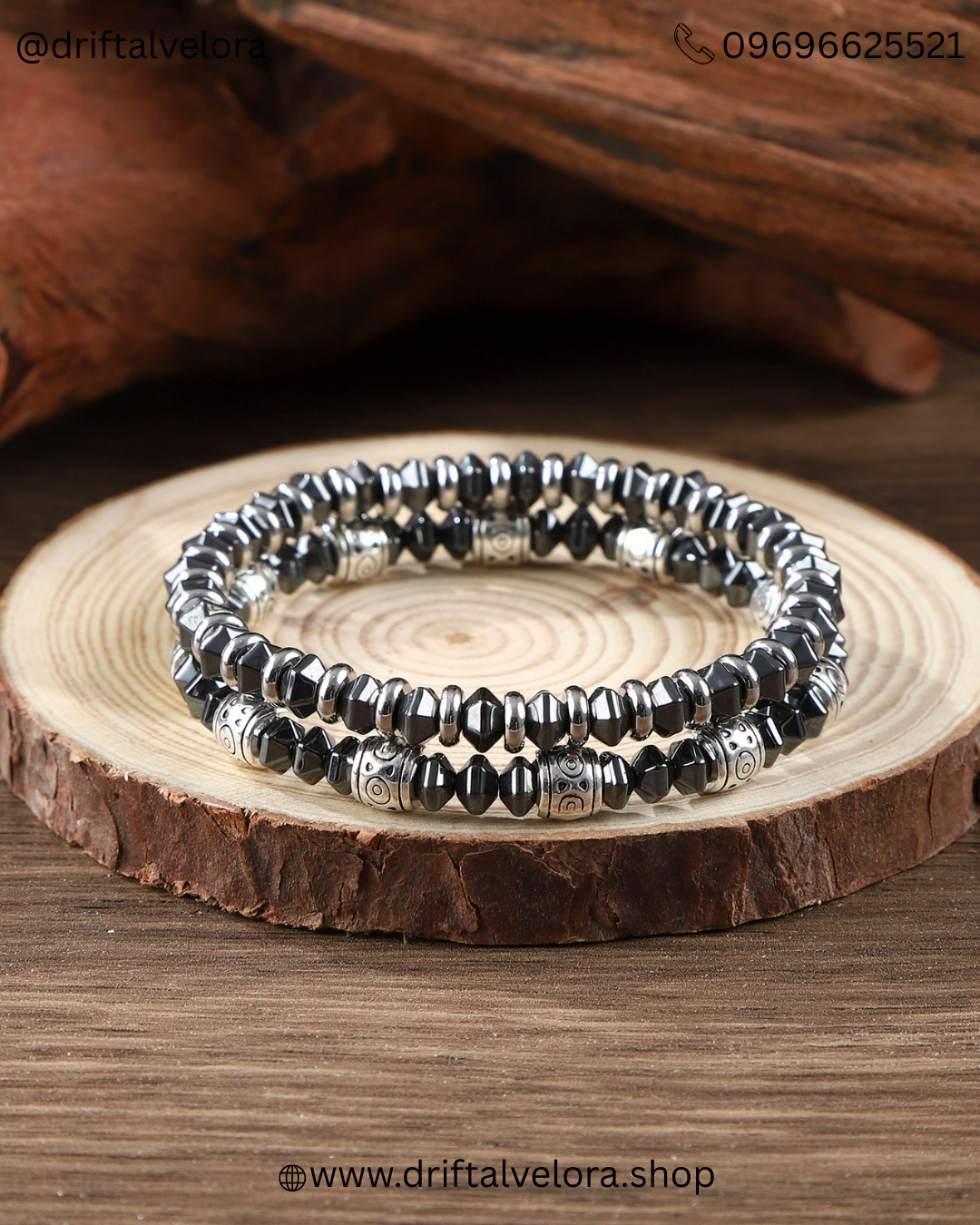 Natural Hematite Stone Bracelet with Vintage Silver Accents|122504