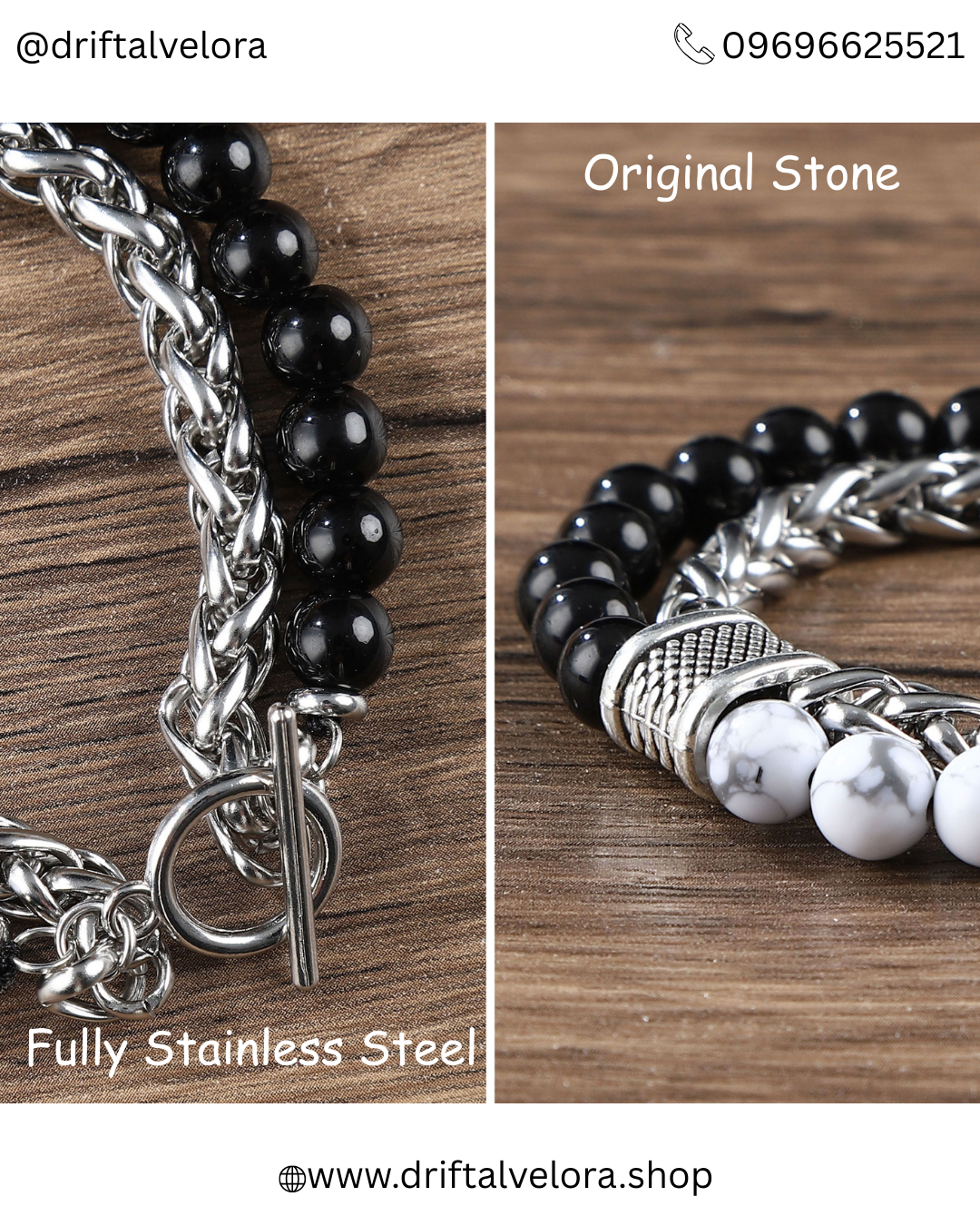 Beaded Stainless Steel Link Chain Bracelet Unisex Aether & Onyx: Dual-Strand Stainless Steel & Natural Stone Bracelet|122502