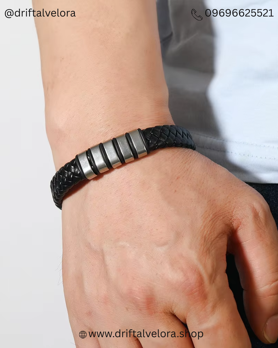 Men’s Premium Black Leather Bracelet with Stainless Steel Warp and Magnetic Clasp (1225008)