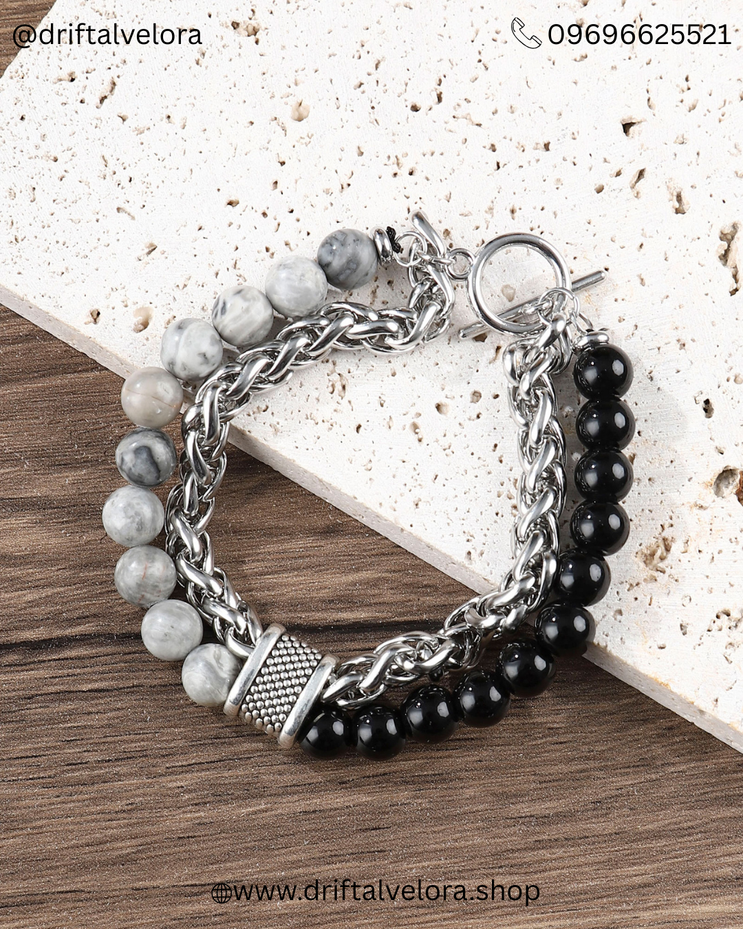 Beaded Stainless Steel Link Chain Bracelet Unisex Aether & Onyx: Dual-Strand Stainless Steel & Natural Stone Bracelet|122502