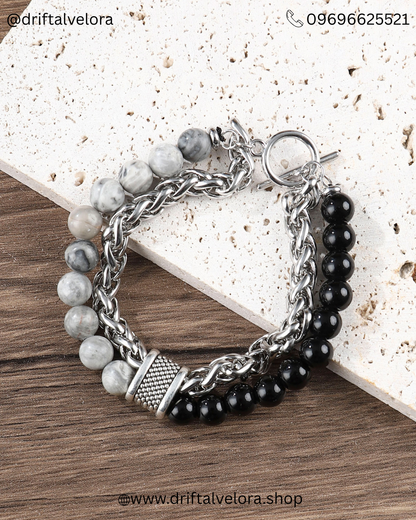 Beaded Stainless Steel Link Chain Bracelet Unisex Aether & Onyx: Dual-Strand Stainless Steel & Natural Stone Bracelet|122502