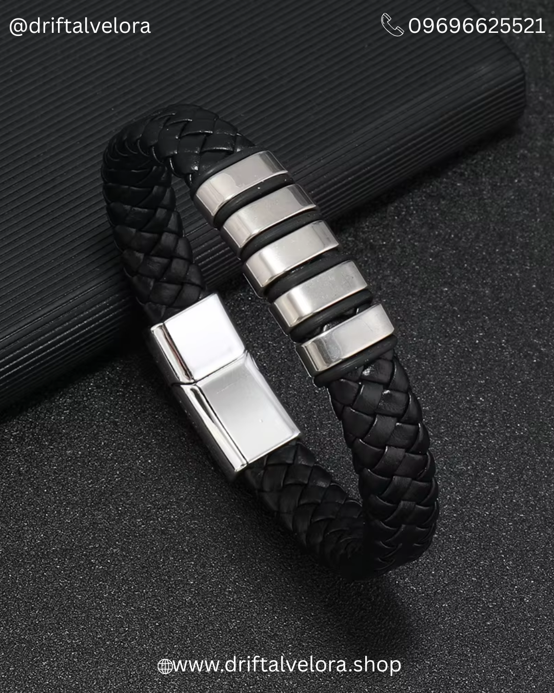 Men’s Premium Black Leather Bracelet with Stainless Steel Warp and Magnetic Clasp (1225008)