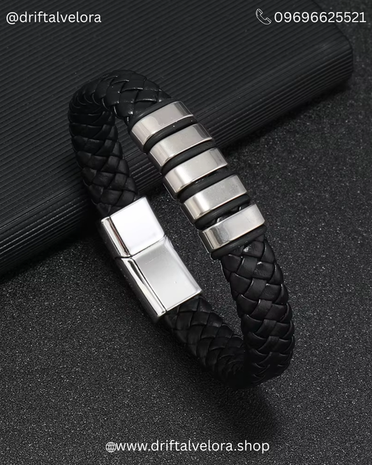 Men’s Premium Black Leather Bracelet with Stainless Steel Warp and Magnetic Clasp (1225008)