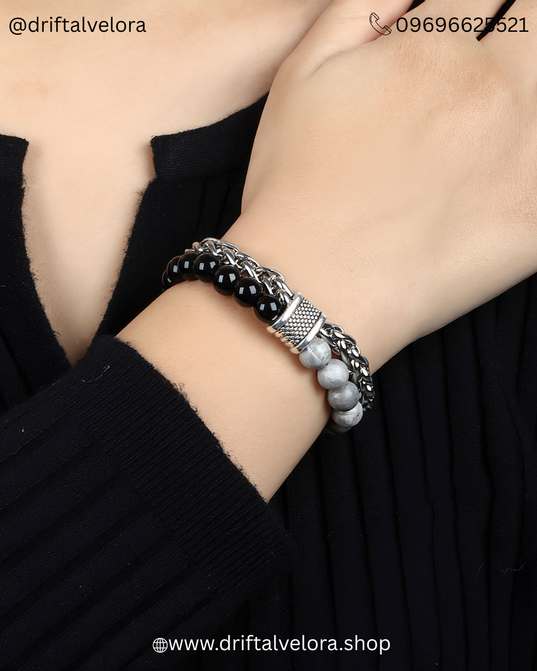 Beaded Stainless Steel Link Chain Bracelet Unisex Aether & Onyx: Dual-Strand Stainless Steel & Natural Stone Bracelet|122502