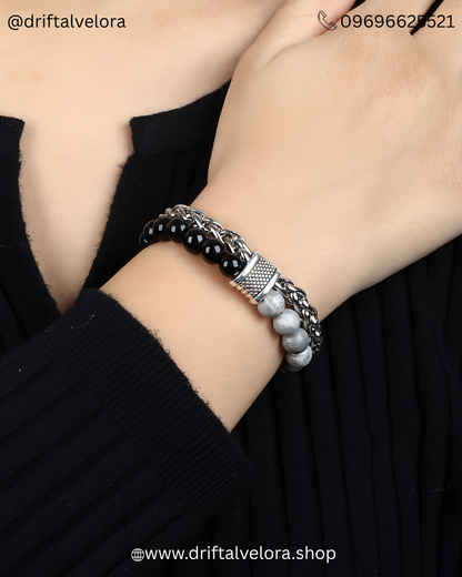 Beaded Stainless Steel Link Chain Bracelet Unisex Aether & Onyx: Dual-Strand Stainless Steel & Natural Stone Bracelet|122502