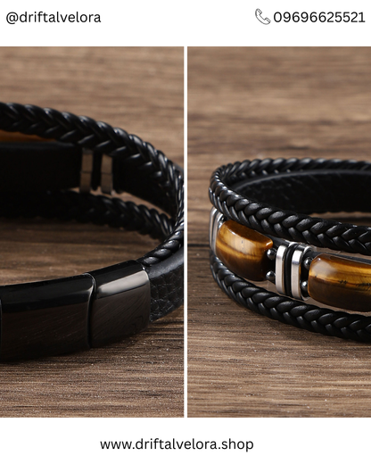 Men’s Triple -Layer Leather Bracelet with Tiger Eye Stones (1225007)