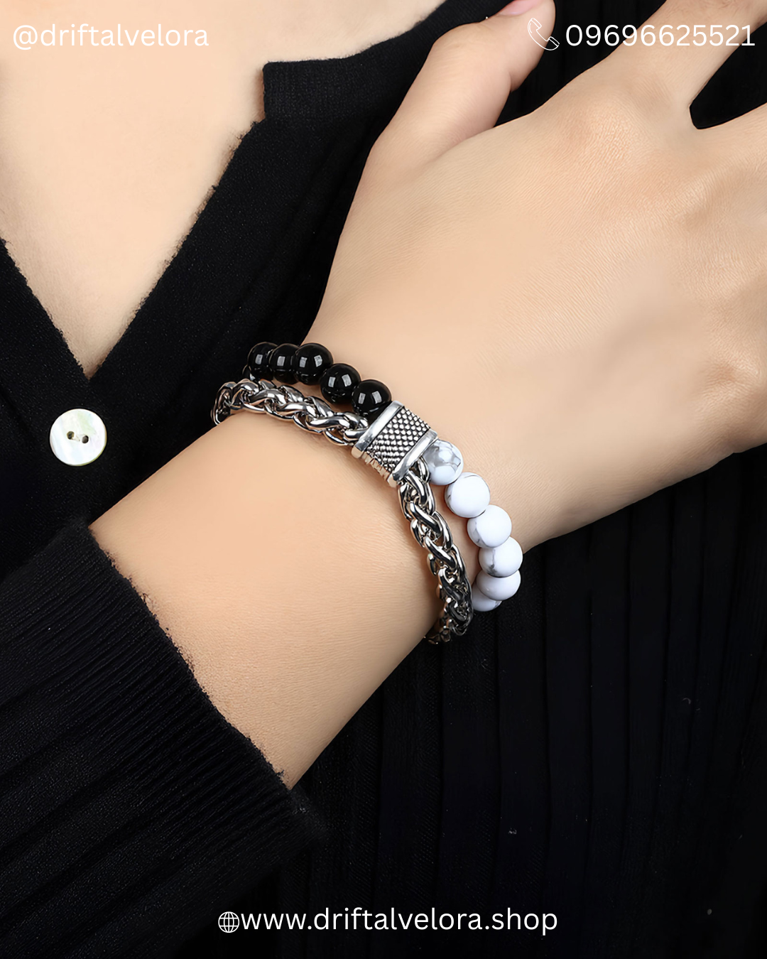 Beaded Stainless Steel Link Chain Bracelet Unisex Aether & Onyx: Dual-Strand Stainless Steel & Natural Stone Bracelet|122502