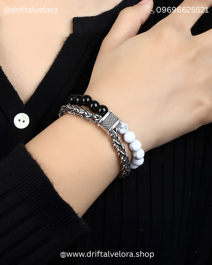 Beaded Stainless Steel Link Chain Bracelet Unisex Aether & Onyx: Dual-Strand Stainless Steel & Natural Stone Bracelet|122502