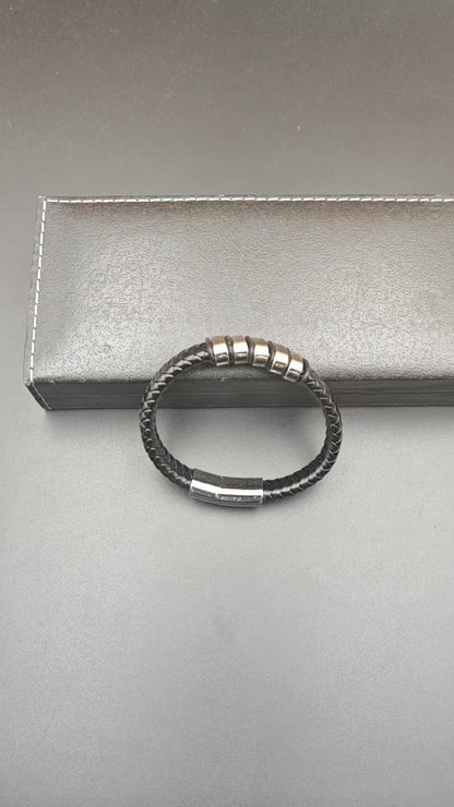 Men’s Premium Black Leather Bracelet with Stainless Steel Warp and Magnetic Clasp (1225008)
