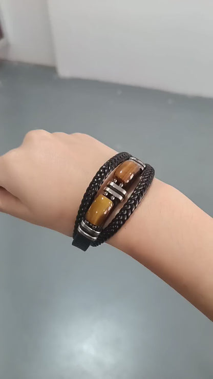 Men’s Triple -Layer Leather Bracelet with Tiger Eye Stones (1225007)